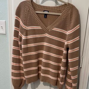 Lands' End Women's Tan V-Neck Sweater with Stripes